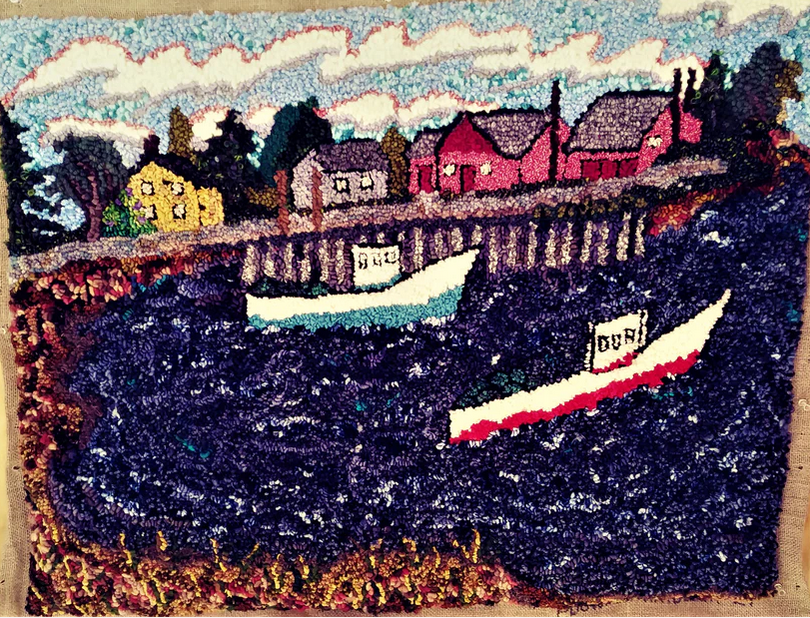 a painting of boats floating on a body of water